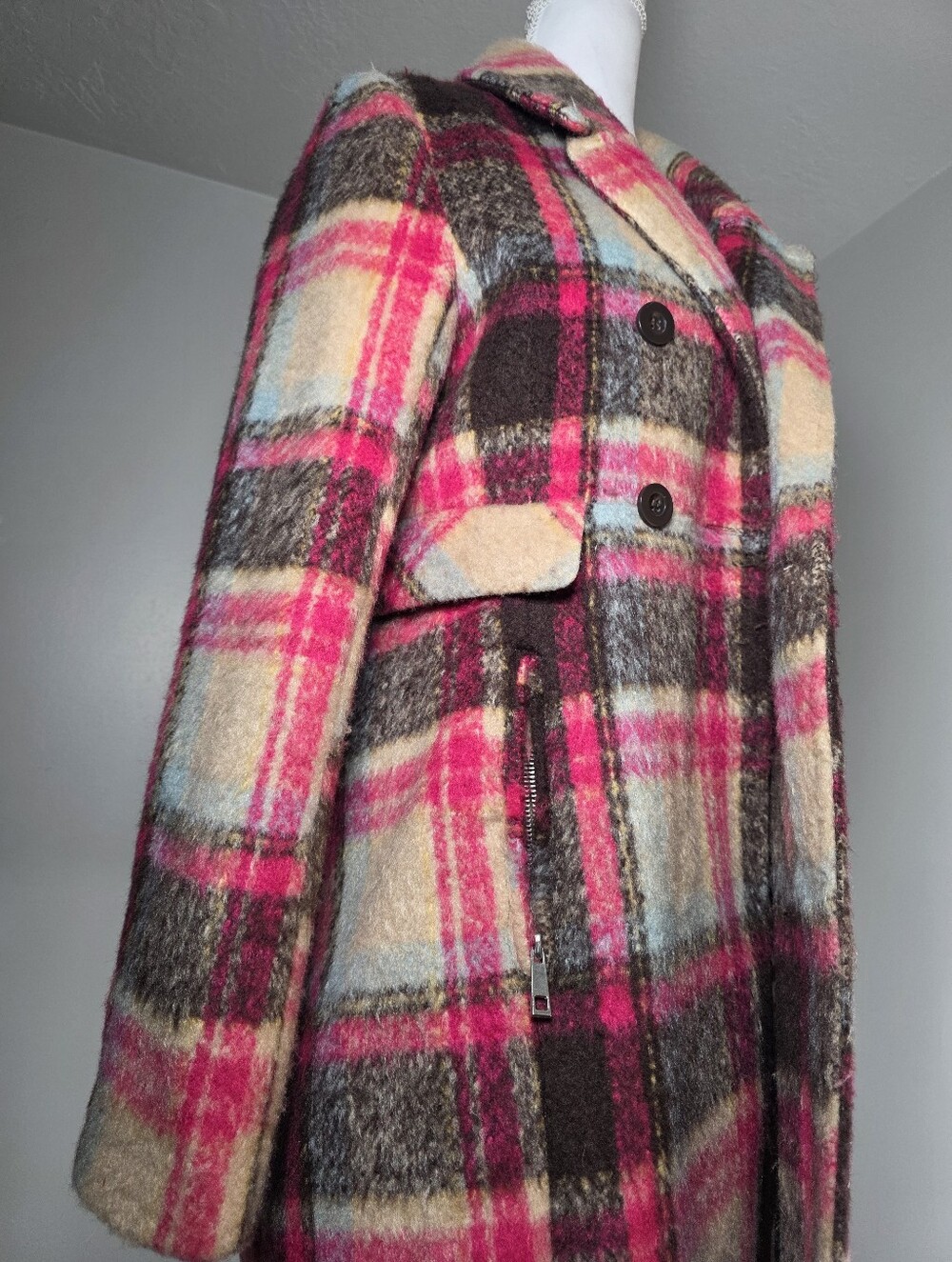 Rue21 Pink & Cream Plaid Double-Breasted Peacoat - Picture 3 of 4